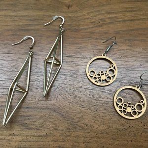 2 Earrings Pairs / Wood and Gold Metal